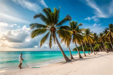 Um Homem Caminha Por Uma Praia Palmeiras No Horizonte Foto Premium