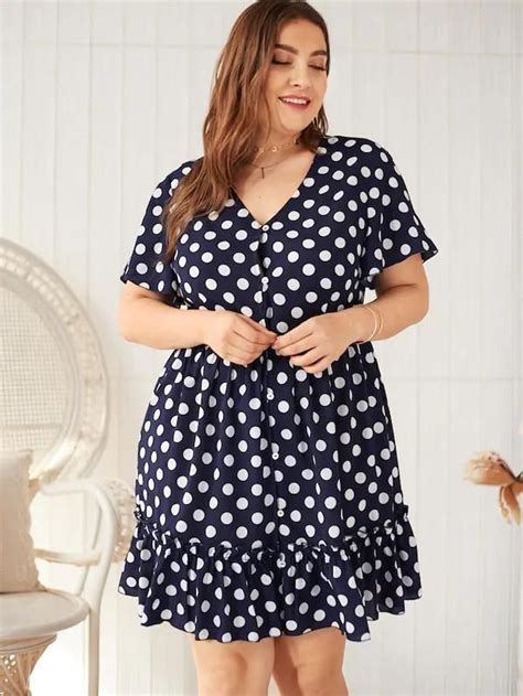 Plus Polka Dot Print Ruffle Hem Dress In 2020 Ruffle Hem Dress Dot