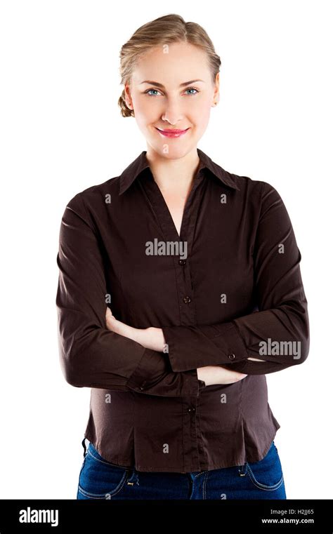 Smiling Business Woman With Folded Hands Against White Background