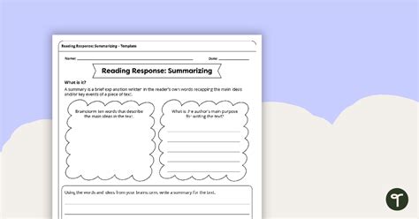 Reading Response Template Summarizing Teach Starter