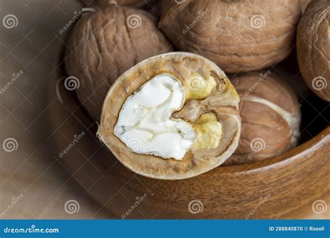 Open And Broken Walnut Shells Lying On The Table Stock Photo Image Of