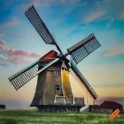 Intricate Watercolor Painting Of A Dutch Windmill In Salvador Dali S