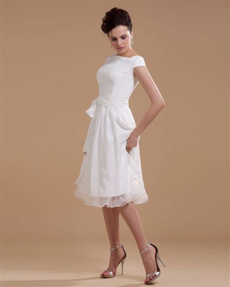 Cheap Chiffon Sash Ruffle Boat Neck Tea Length Short Cap Sleeve Bridal