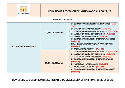 Horario De Recepci N Del Alumnado Para El Curso