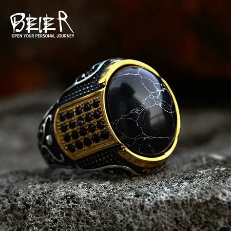 Stainless Steel Gold Ring Man Black Stone Gold Ring Black Stone Mens