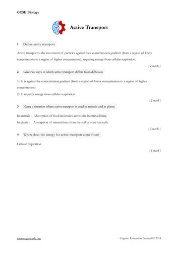 Gcse Biology 9 1 Active Transport Worksheet Teaching Resources