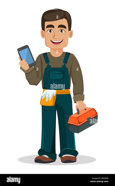 Professional Plumber In Uniform Holds Toolbox And Smartphone Handsome