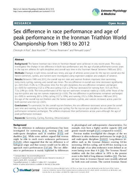 Pdf Sex Difference In Race Performance And Age Of Peak Performance In The Ironman Triathlon