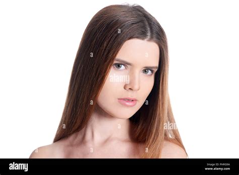 Close Up Portrait Of Beautiful Young Woman With Perfect Skin Stock