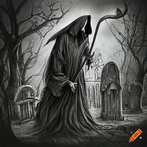 Dark Gloomy Graveyard With The Grim Reaper Standing In It