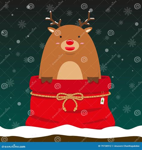 Cute Fat Big Reindeer Come Out Of Christmas Bag Stock Vector