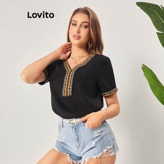 Lovito Boho Geometric Contrast Tape Contrast Binding Blouse For Women