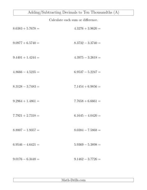 Adding And Subtracting Decimals To Ten Thousandths Horizontally A Worksheets Library