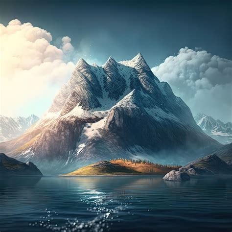 Premium AI Image | A painting of a mountain in the water