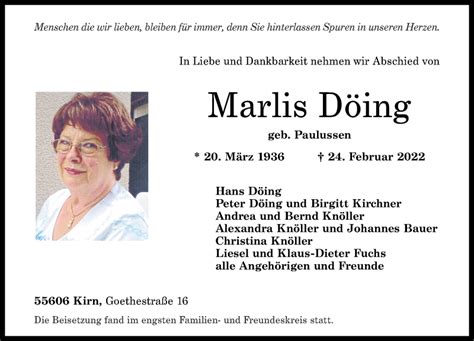 Traueranzeigen von Marlis Döing rz trauer de