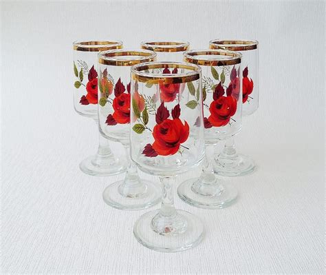 Red Rose Glasses X 6 Vintage Drinking Wine Spirit Cordial Etsy