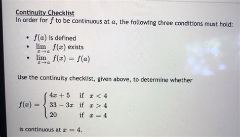 Solved Continuity Checklist In Order For F To Be Continuous