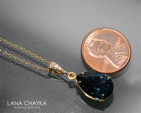 Navy Blue Gold Crystal Necklace Swarovski Montana Teardrop Etsy