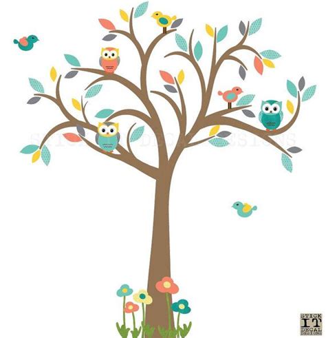 An Owl Tree With Birds And Flowers On The Branches In Front Of A White