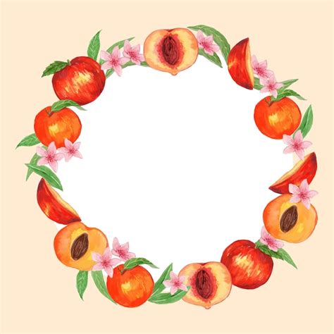 Plantilla De Marco Redondo De Fruta De Durazno En Acuarela Vector Premium