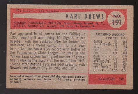 1954 BOWMAN 191 KARL DREWS PHILADELPHIA PHILLIES NM BASEBALL CARD EBay