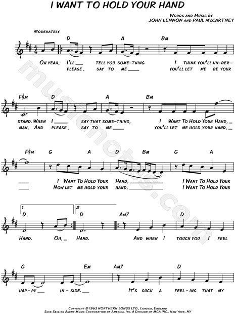 The Beatles I Want To Hold Your Hand Sheet Music Leadsheet In D