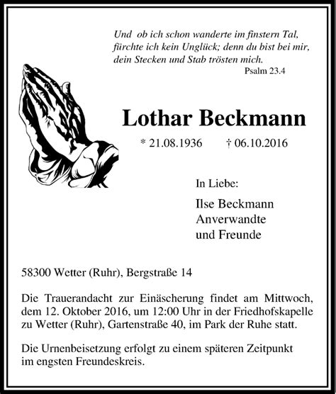 Traueranzeigen Von Lothar Beckmann Trauer In NRW De