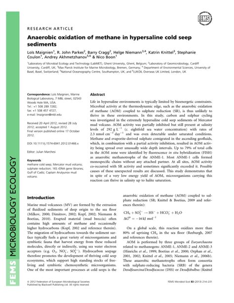 Anaerobic Oxidation Of Methane In Hypersaline Cold Seep Sediments