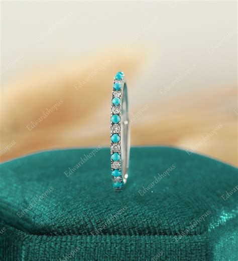 Turquoise Wedding Band Women Vintage Moissanite Half Eternity White