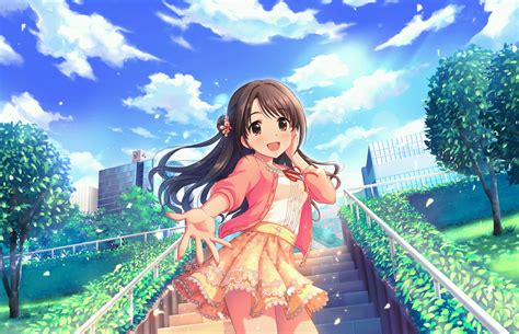 Annin Doufu Brown Eyes Brown Hair Building City Clouds Idolmaster