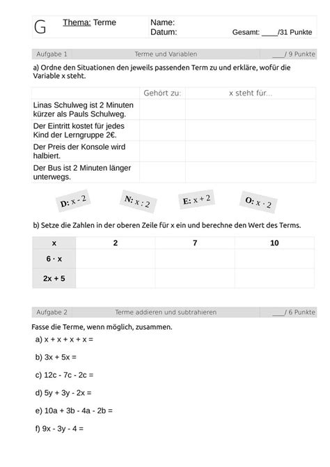 Klassenarbeit Terme Vereinfachen Niveau G M Und E