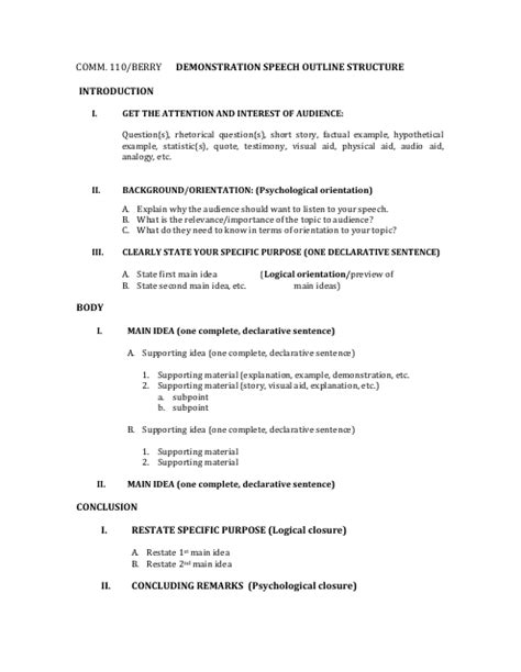 Demonstration Speech Outline Structure Download Printable Pdf Templateroller