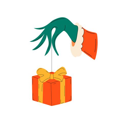 Grinch's hand steals a Christmas present. Vector on isolated background ...