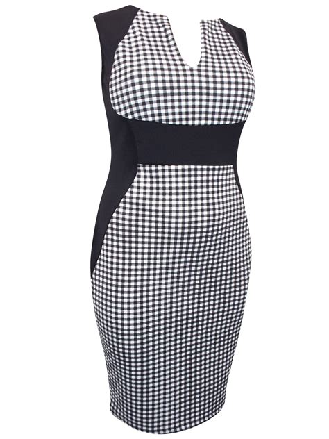 Praslin Praslin Black Check Print Curvy Contrast Panel Illusion Pencil Dress Plus Size