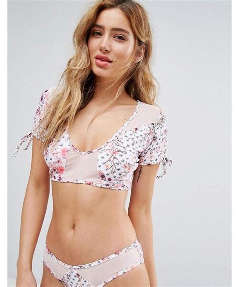 Mink Pink Minkpink Petals Mesh Spliced Cap Sleeve Bikini Top