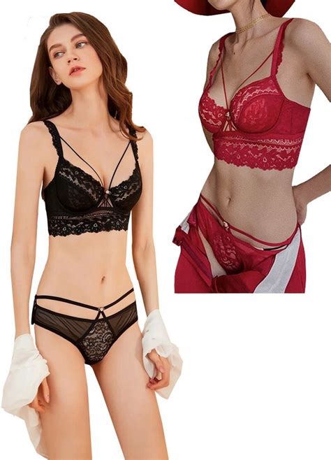 Ensemble Lingerie Femme Sexy En Dentelle Noir Rouge Cadeau Pas Cher