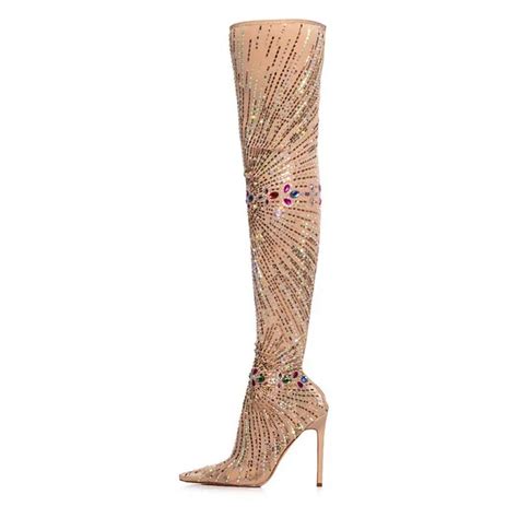 Pointy Toe Stiletto Crystal And Rhinestone Thigh High Boots In Nude