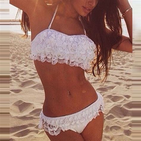 Fashion Solid Color Lace Spliced Halter Bikini Set