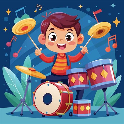 Un niño de dibujos animados tocando un tambor con una imagen de un niño