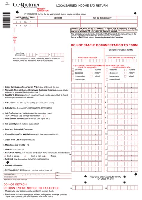 Form F1 Local Earned Income Tax Return Pennsylvania Printable Pdf