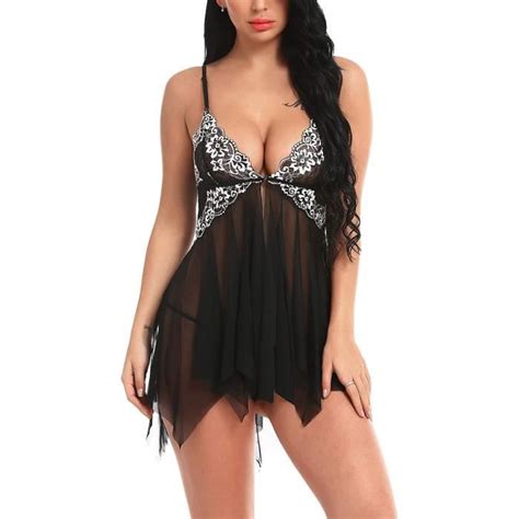 Ensemble de Lingerie Sexy en Dentelle pour Femmes Nuisette asymétrique Transparente noir