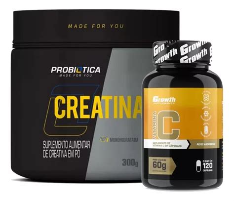 Creatina 300g Probiotica Vitamina C 120 Caps Growth Frete grátis