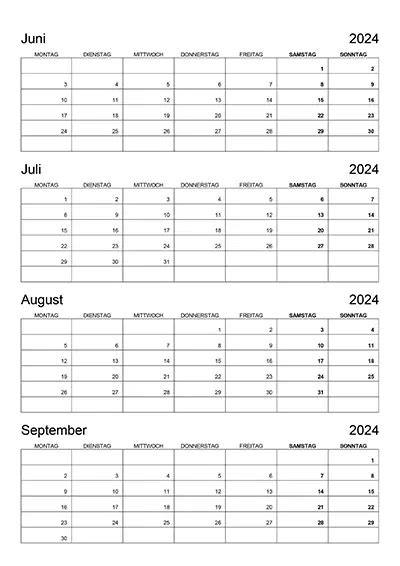 Kalender Juni Juli August September 2024 Kalender Su