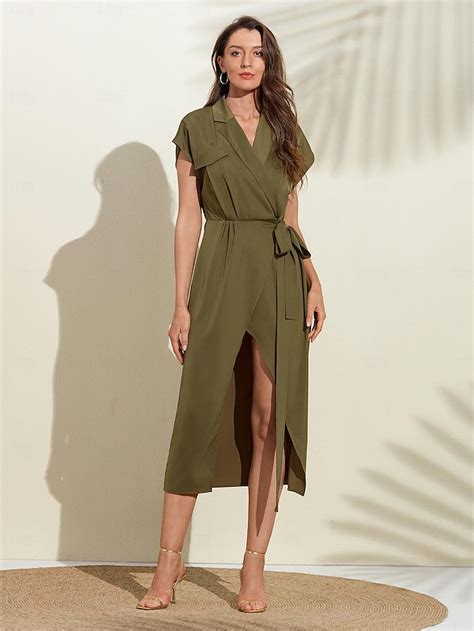 Dames Midi Jurk Groene Jurk Groen Effen Effen Kleur Gerimpeld Zomer