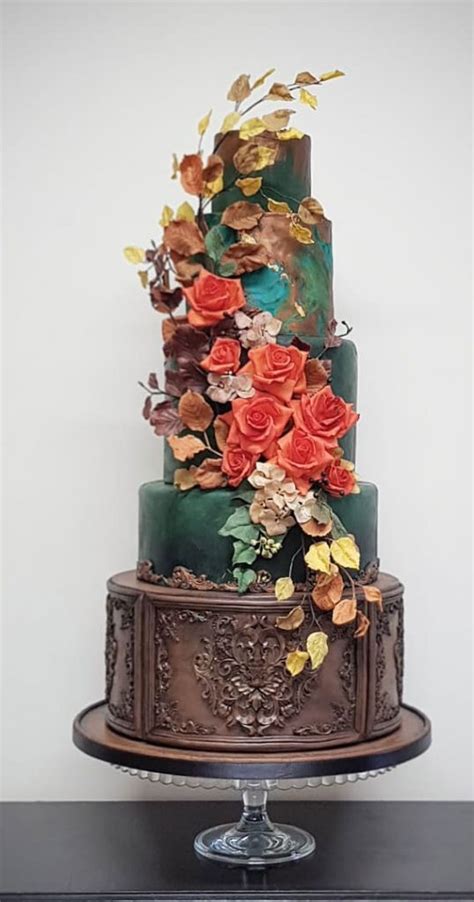 40 Stylish Dark Moody Wedding Cakes Green Cake With Autumnal Flowers