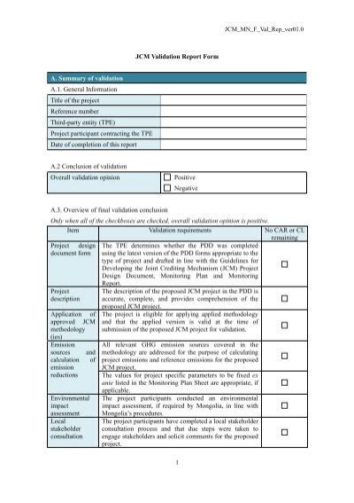 Jcm Validation Report Form A Summary Of Validation A General