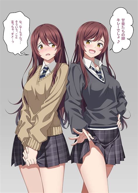 Anime Anime Girls Twins School Uniform Long Hair Brunette Boobs The Idolmaster Shiny