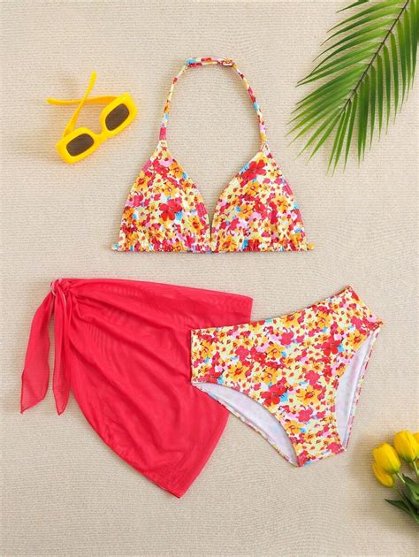 SHEIN Cute Girls Ditsy Floral Triangle Bikini Top And Mesh Skirt