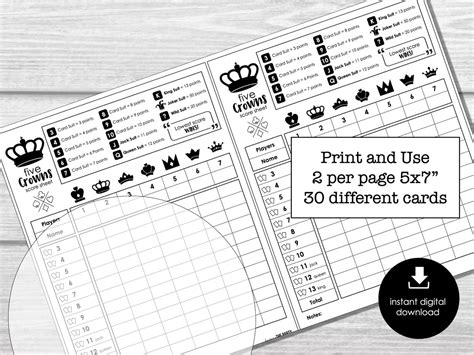 5 Crowns Score Cards Card Game Score Sheets For 5 Crowns Etsy