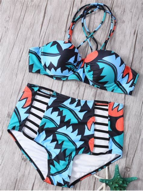 Off Printed High Waisted Strappy Bikini Set In Green Zaful